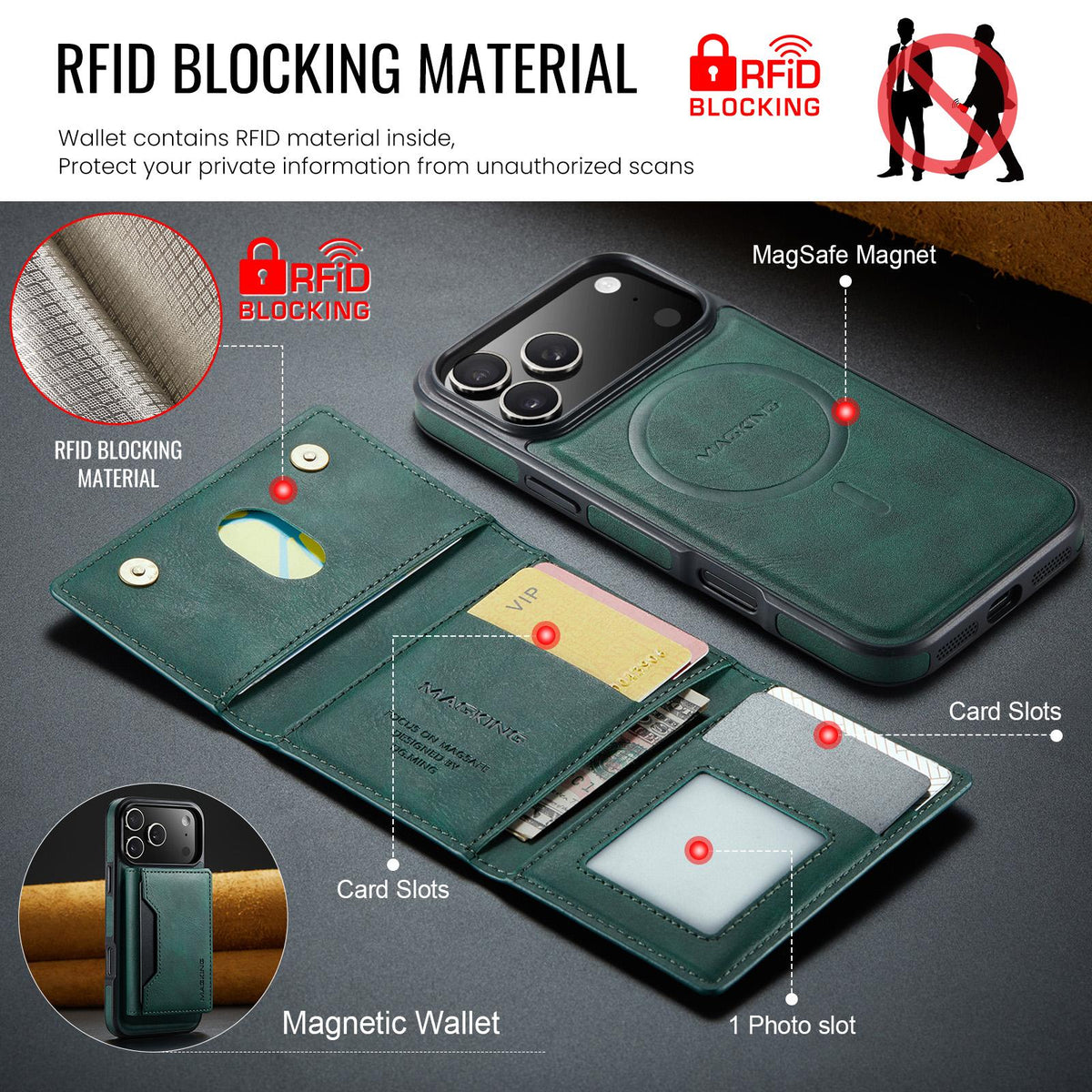 Compatible with iPhone 18 Pro Max & 17 Pro Max MAGKING K2 Series MagSafe RFID Card Bag Detachable Phone Case - Green