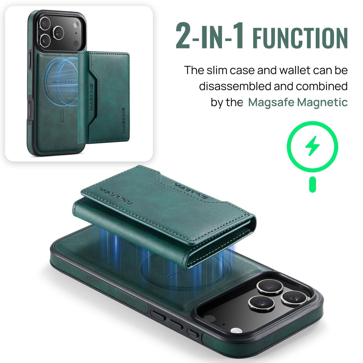 Compatible with iPhone 18 Pro Max & 17 Pro Max MAGKING K2 Series MagSafe RFID Card Bag Detachable Phone Case - Green