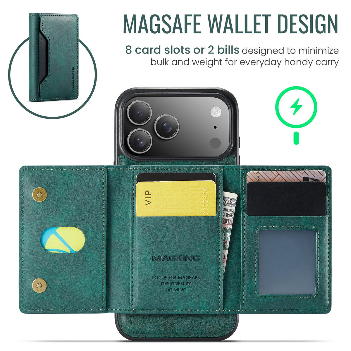 Compatible with iPhone 18 Pro Max & 17 Pro Max MAGKING K2 Series MagSafe RFID Card Bag Detachable Phone Case - Green