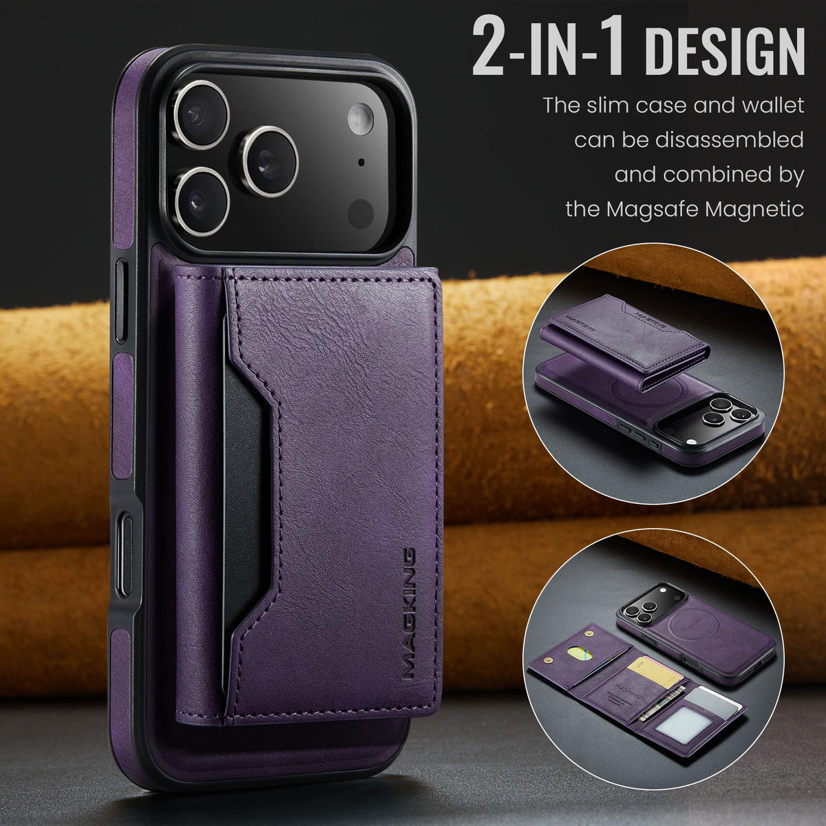 Compatible with iPhone 18 Pro Max & 17 Pro Max MAGKING K2 Series MagSafe RFID Card Bag Detachable Phone Case - Purple