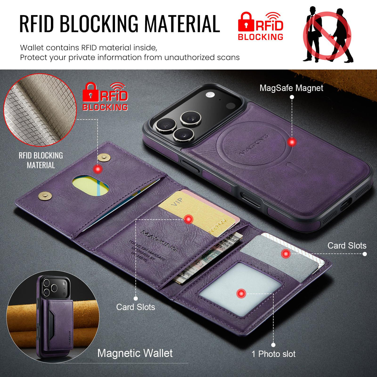 Compatible with iPhone 18 Pro Max & 17 Pro Max MAGKING K2 Series MagSafe RFID Card Bag Detachable Phone Case - Purple