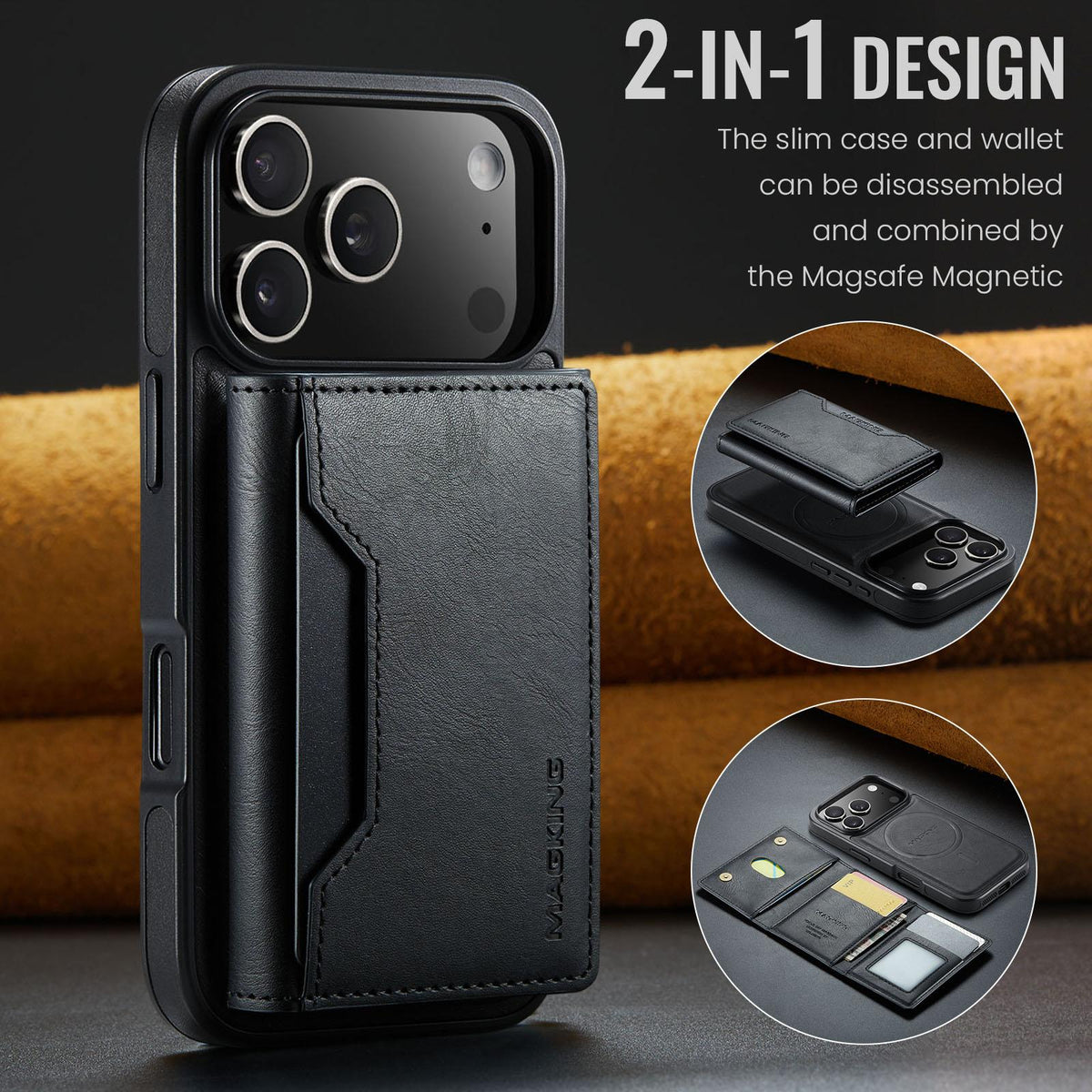 Compatible with iPhone 18 Pro & 17 Pro MAGKING K2 Series MagSafe RFID Card Bag Detachable Phone Case - Black