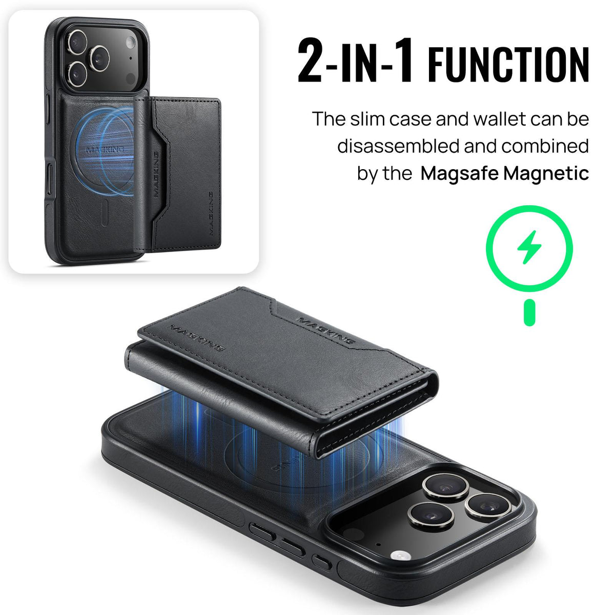 Compatible with iPhone 18 Pro & 17 Pro MAGKING K2 Series MagSafe RFID Card Bag Detachable Phone Case - Black