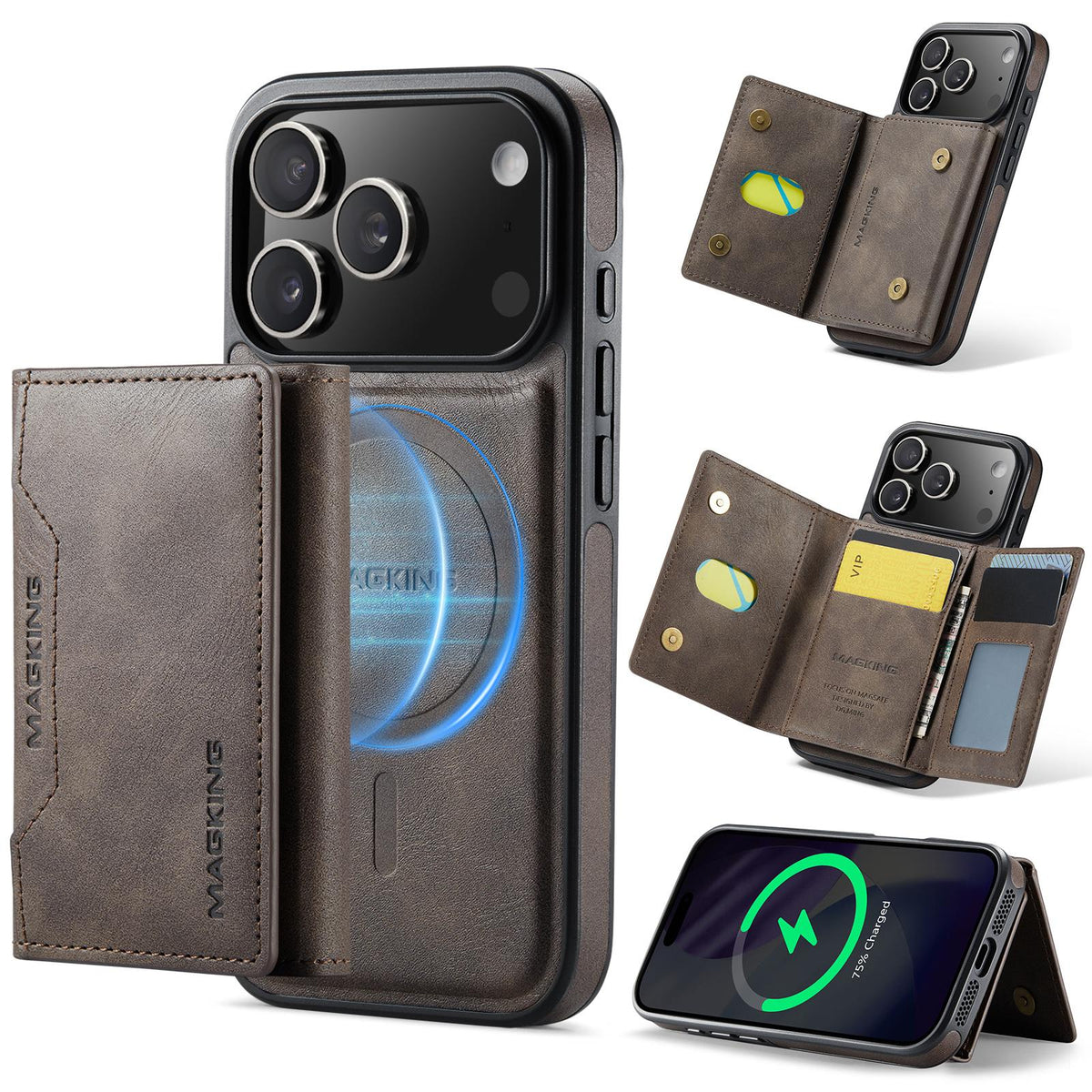 Compatible with iPhone 18 Pro & 17 Pro MAGKING K2 Series MagSafe RFID Card Bag Detachable Phone Case - Coffee