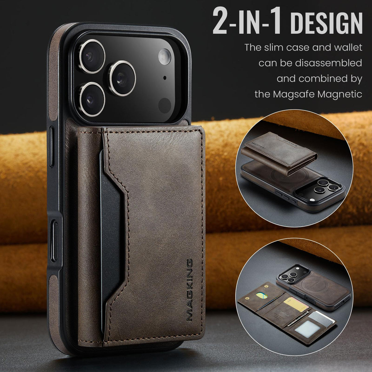 Compatible with iPhone 18 Pro & 17 Pro MAGKING K2 Series MagSafe RFID Card Bag Detachable Phone Case - Coffee