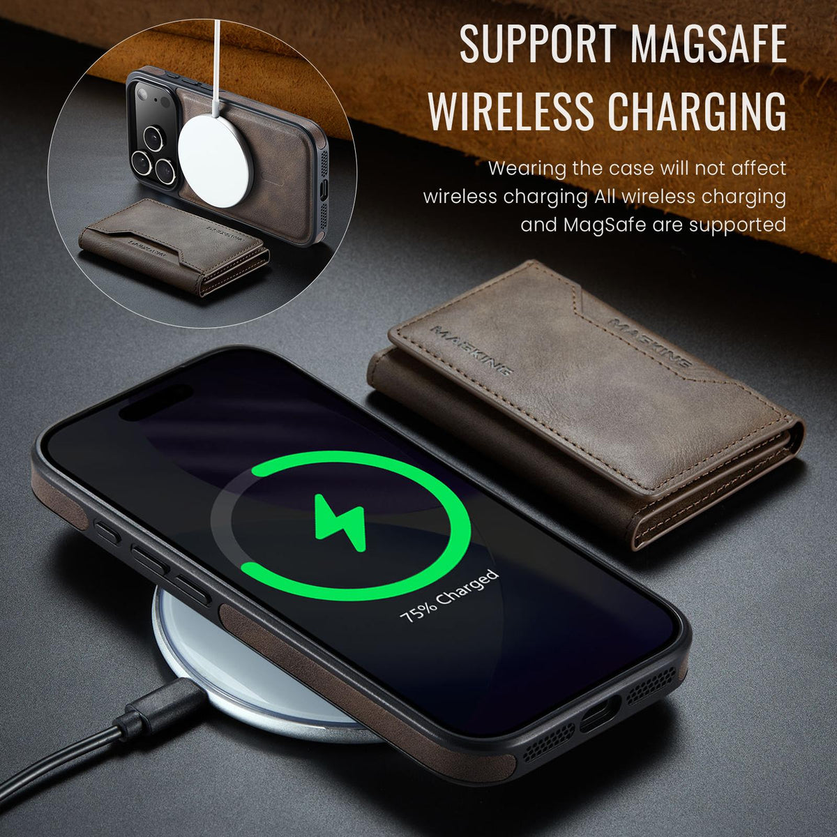 Compatible with iPhone 18 Pro & 17 Pro MAGKING K2 Series MagSafe RFID Card Bag Detachable Phone Case - Coffee