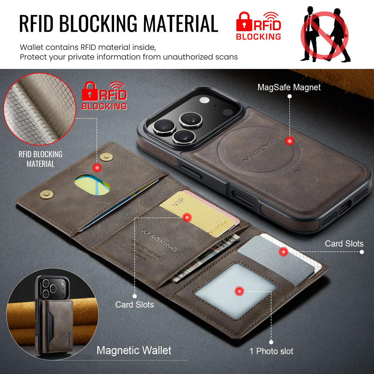Compatible with iPhone 18 Pro & 17 Pro MAGKING K2 Series MagSafe RFID Card Bag Detachable Phone Case - Coffee
