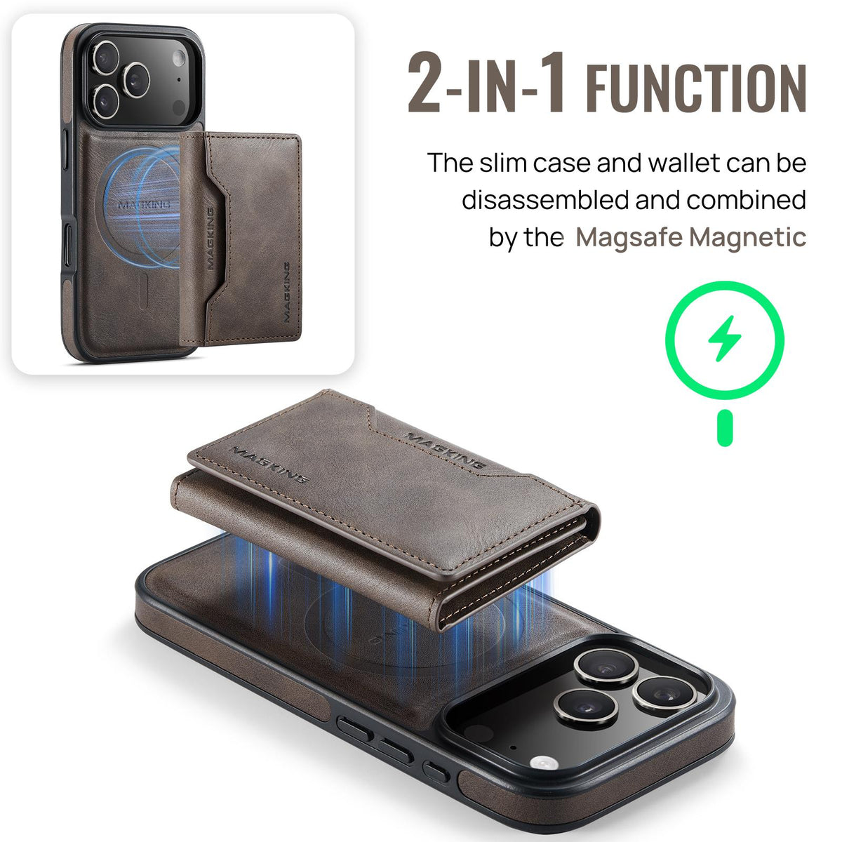 Compatible with iPhone 18 Pro & 17 Pro MAGKING K2 Series MagSafe RFID Card Bag Detachable Phone Case - Coffee