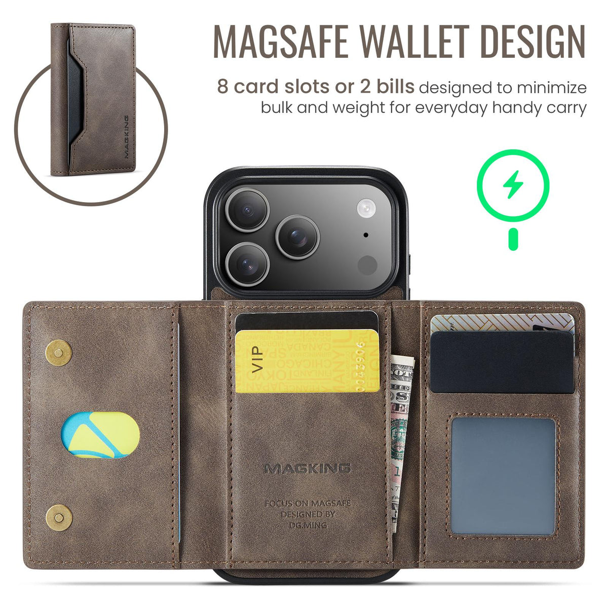 Compatible with iPhone 18 Pro & 17 Pro MAGKING K2 Series MagSafe RFID Card Bag Detachable Phone Case - Coffee