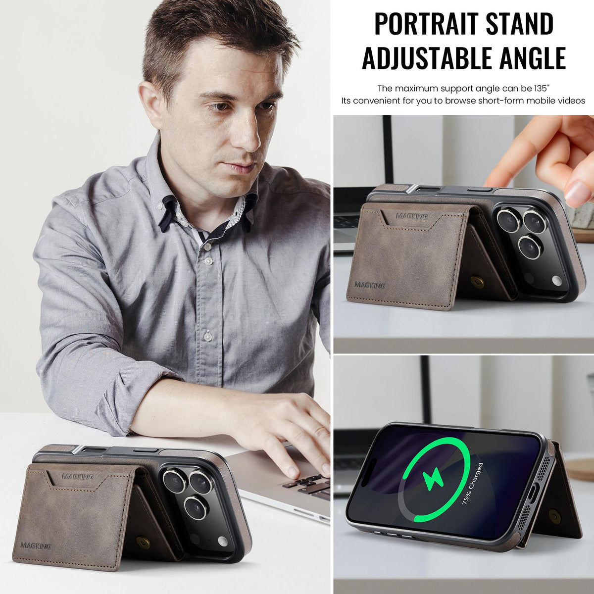 Compatible with iPhone 18 Pro & 17 Pro MAGKING K2 Series MagSafe RFID Card Bag Detachable Phone Case - Coffee