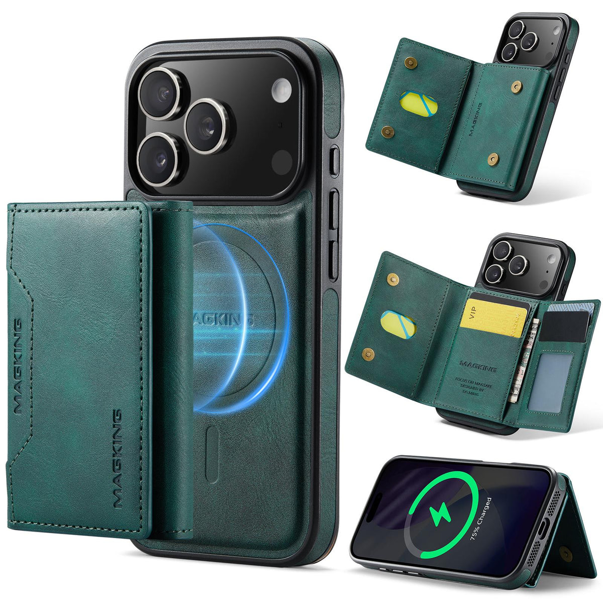 Compatible with iPhone 18 Pro & 17 Pro MAGKING K2 Series MagSafe RFID Card Bag Detachable Phone Case - Green