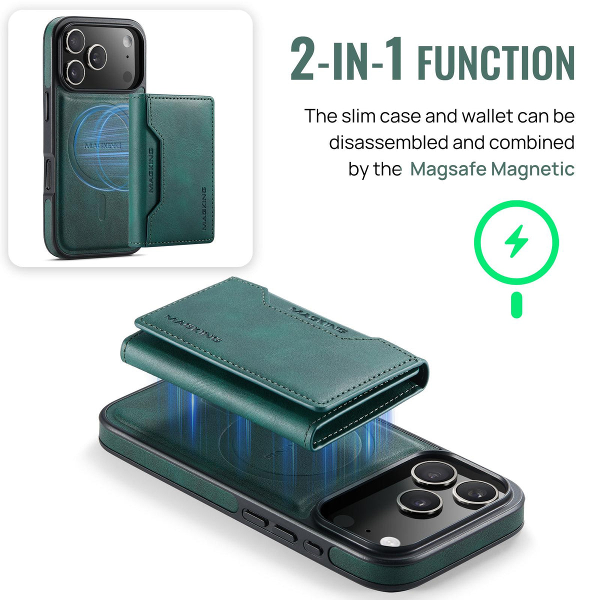 Compatible with iPhone 18 Pro & 17 Pro MAGKING K2 Series MagSafe RFID Card Bag Detachable Phone Case - Green