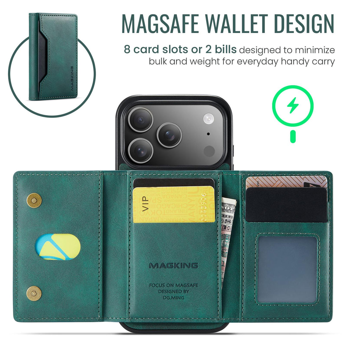 Compatible with iPhone 18 Pro & 17 Pro MAGKING K2 Series MagSafe RFID Card Bag Detachable Phone Case - Green