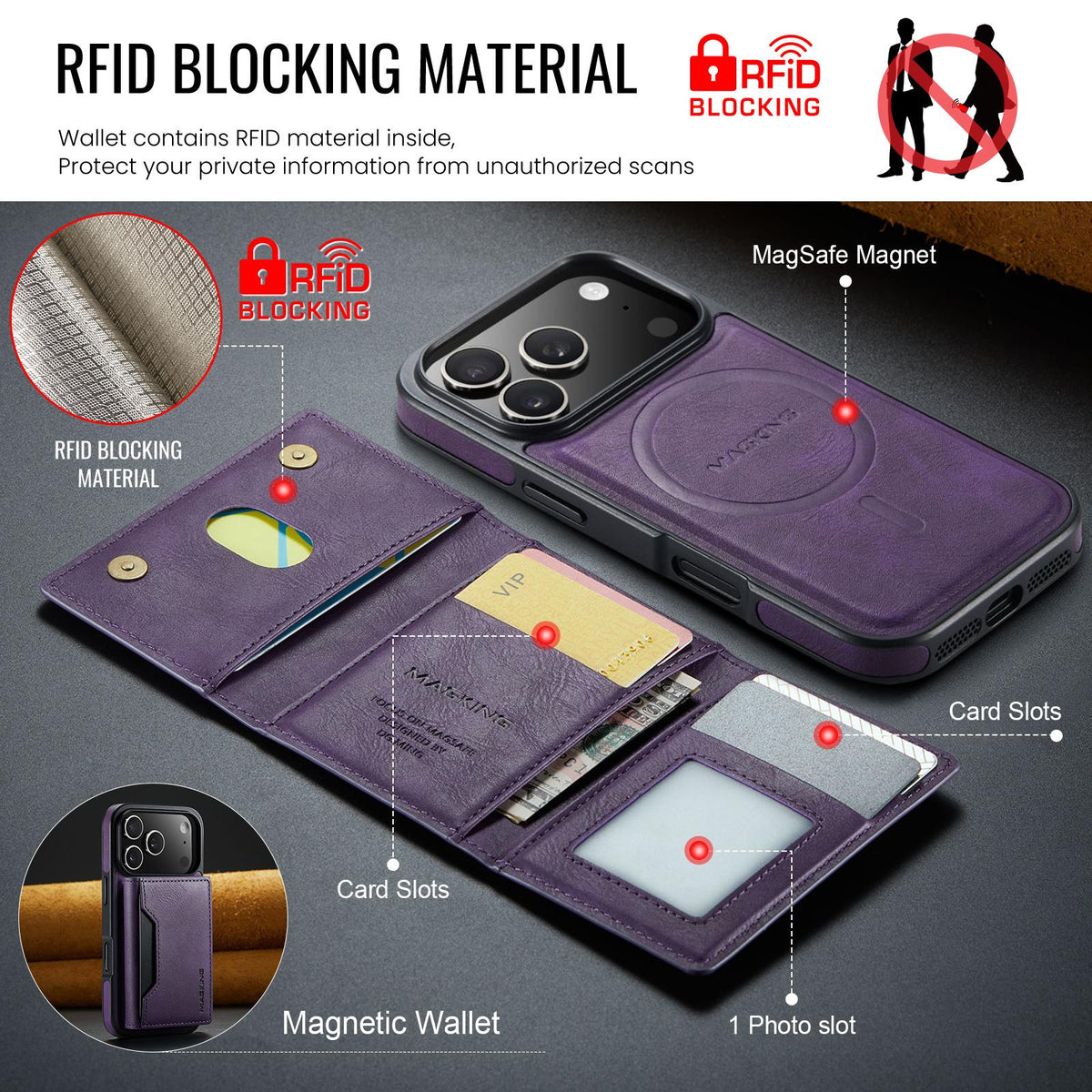 Compatible with iPhone 18 Pro & 17 Pro MAGKING K2 Series MagSafe RFID Card Bag Detachable Phone Case - Purple