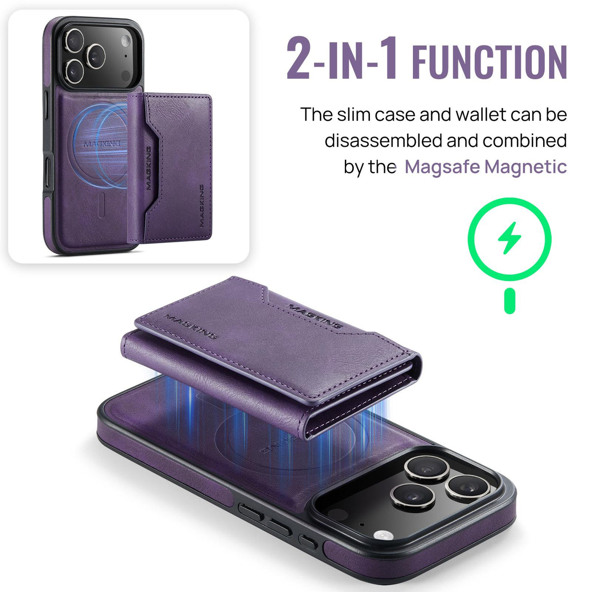 Compatible with iPhone 18 Pro & 17 Pro MAGKING K2 Series MagSafe RFID Card Bag Detachable Phone Case - Purple