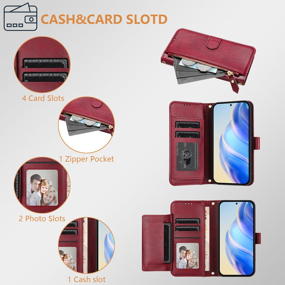 For Redmi 14C 4G Multi-Card Slots Zipper Wallet Leather Phone Case(Dark Red)