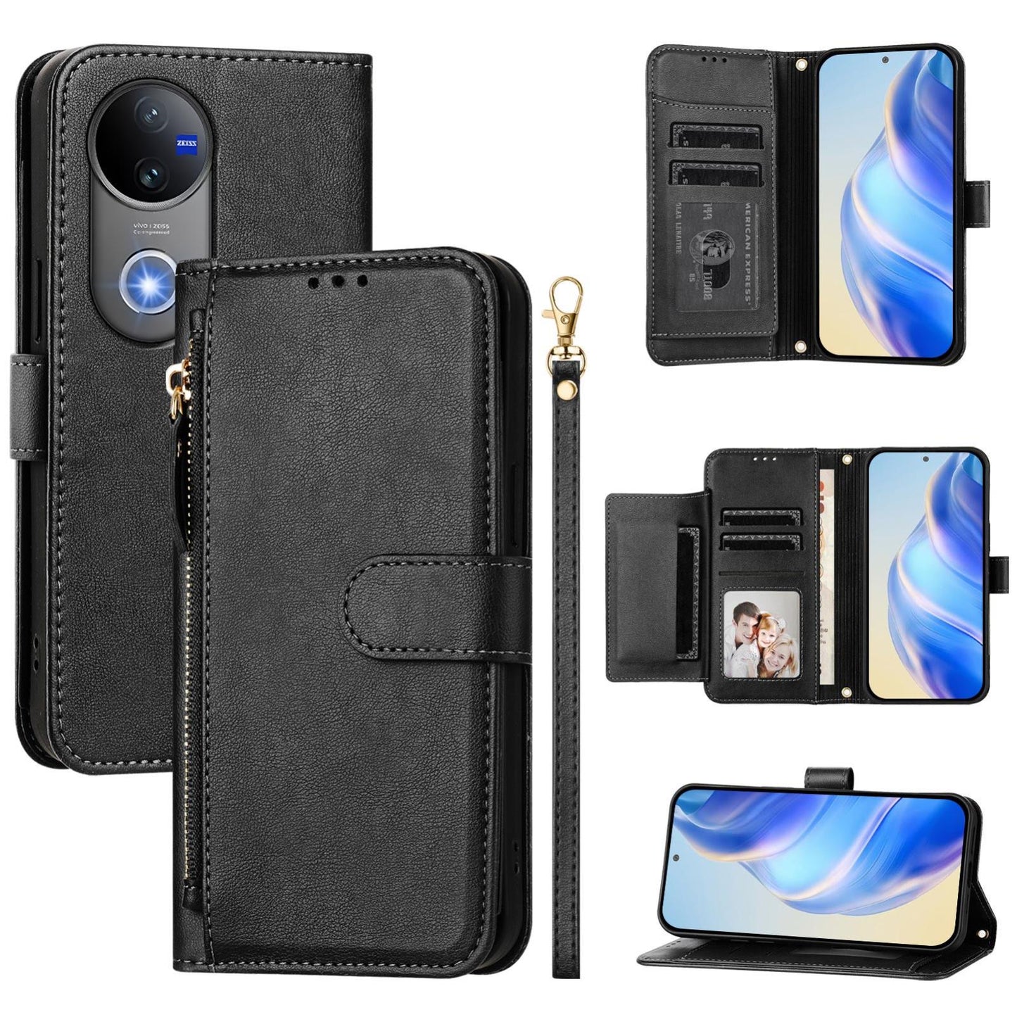 For vivo V50 Global Multi-Card Slots Zipper Wallet Leather Phone Case(Black)