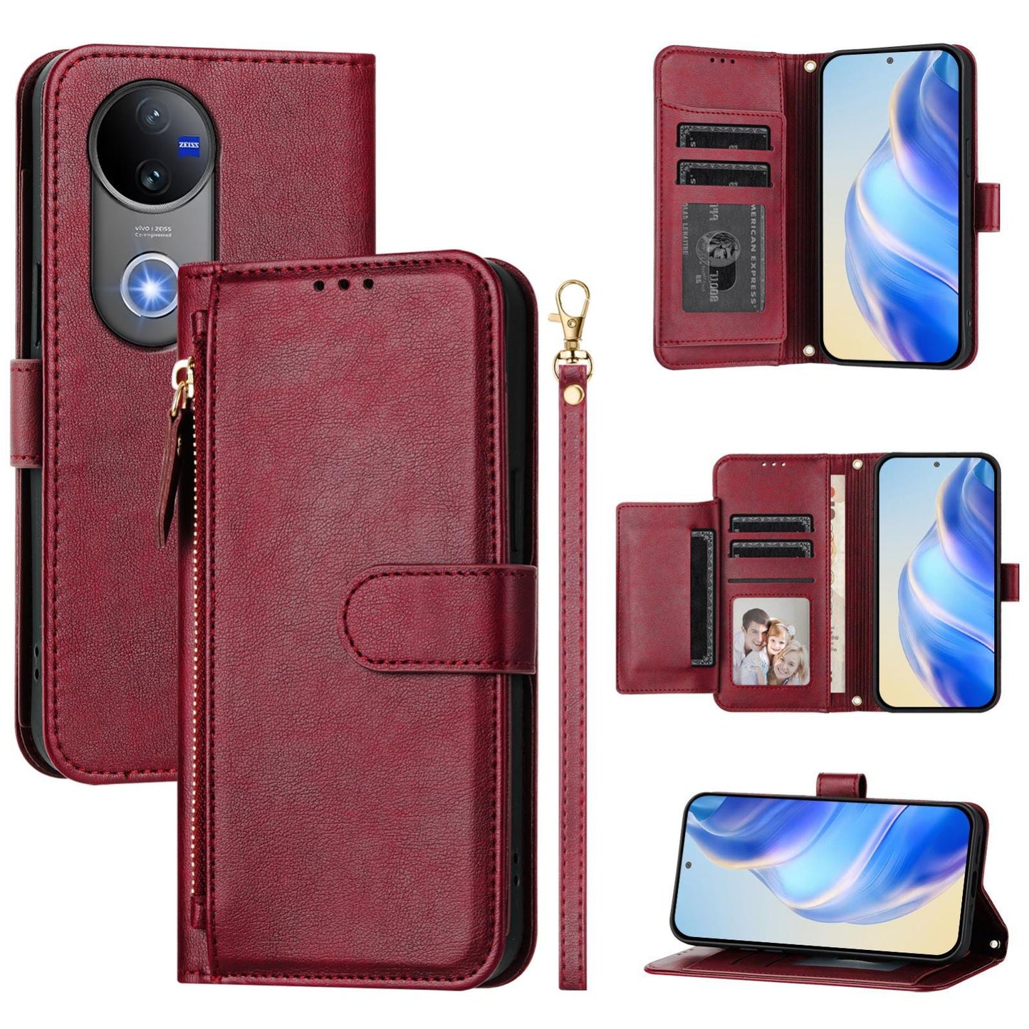 For vivo V50 Global Multi-Card Slots Zipper Wallet Leather Phone Case(Dark Red)