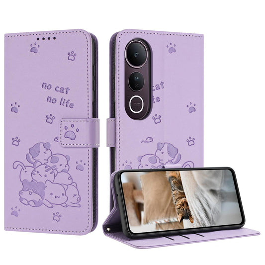 For vivo V50 Lite Embossed Kitten Phone Leather Case with Lanyard(Purple)