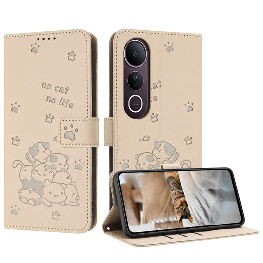 For vivo V50 Lite Embossed Kitten Phone Leather Case with Lanyard(Beige)