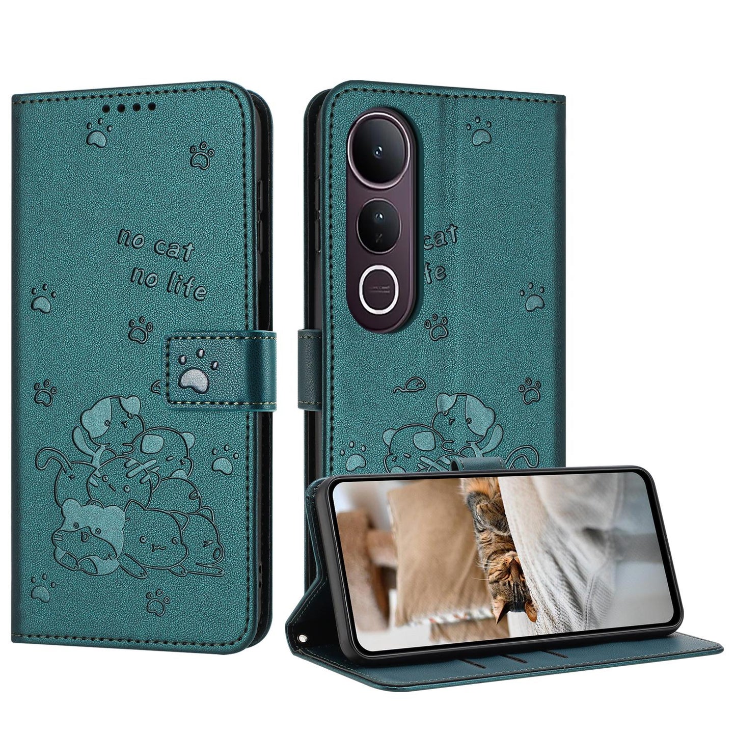 For vivo V50 Lite Embossed Kitten Phone Leather Case with Lanyard(Dark Green)