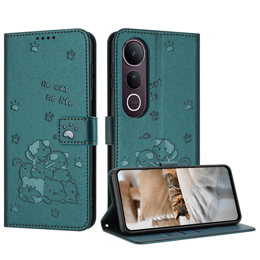 For vivo V50 Lite Embossed Kitten Phone Leather Case with Lanyard(Dark Green)