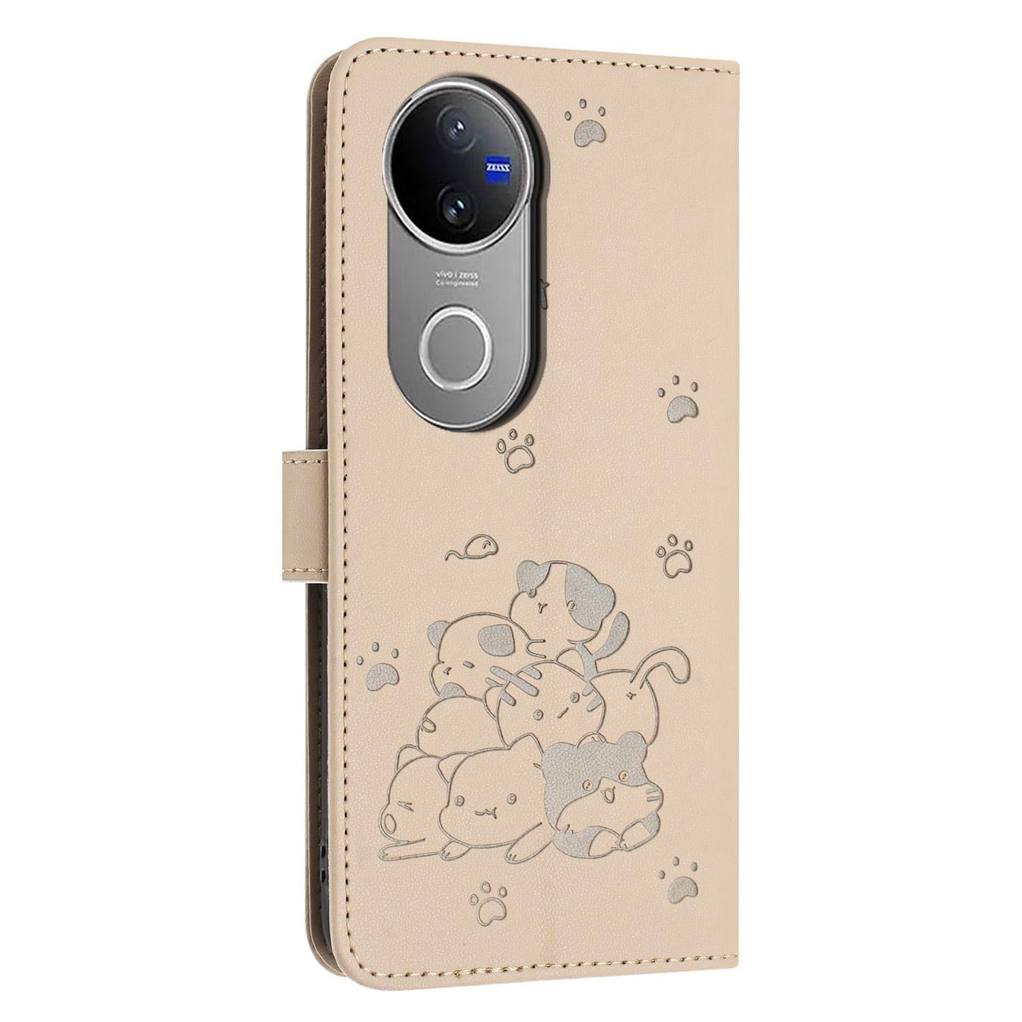 For vivo V50 5G Global Embossed Kitten Phone Leather Case with Lanyard(Beige)