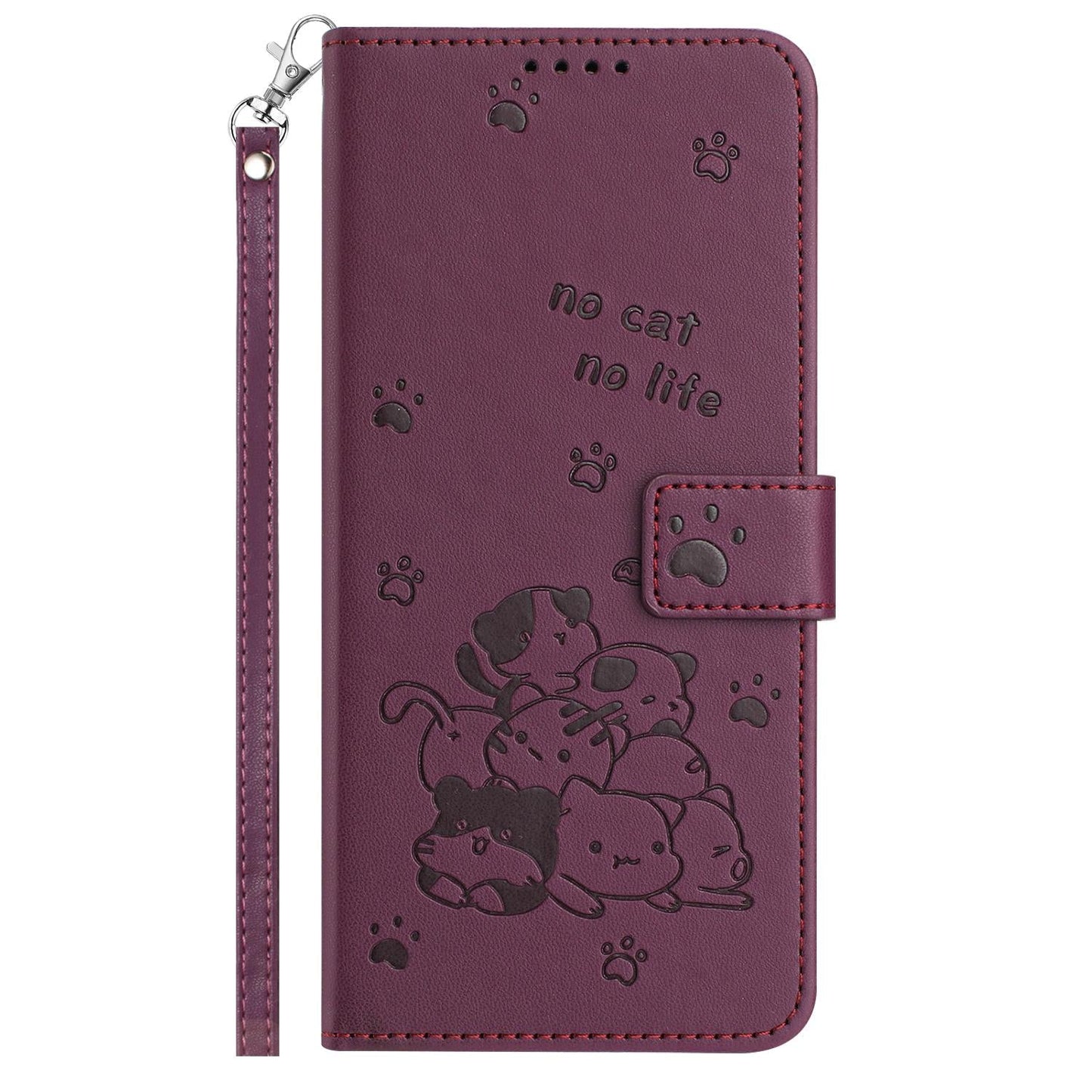 For vivo V50 5G Global Embossed Kitten Phone Leather Case with Lanyard(Wine Red)