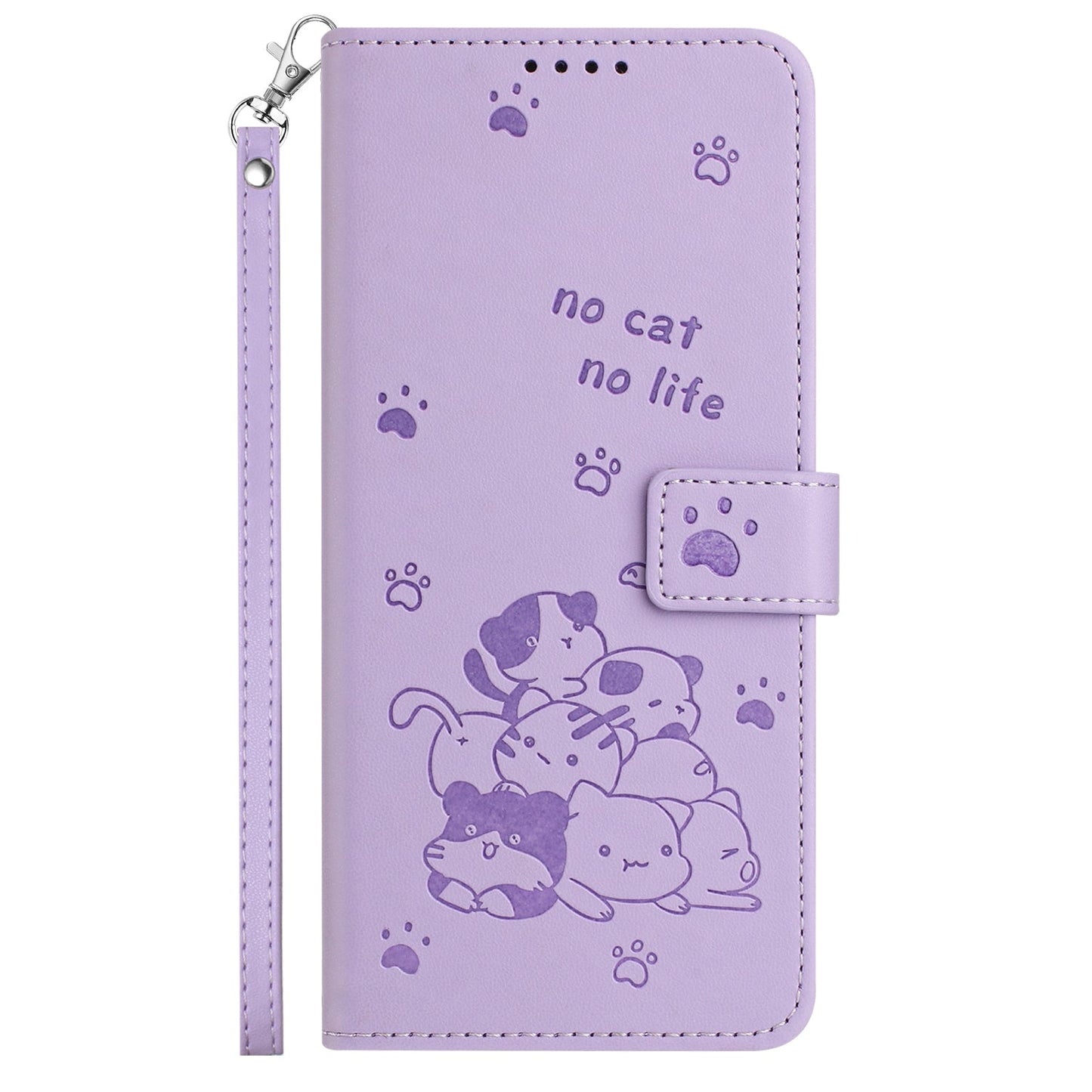 For iPhone 16e Embossed Kitten Phone Leather Case with Lanyard(Purple)