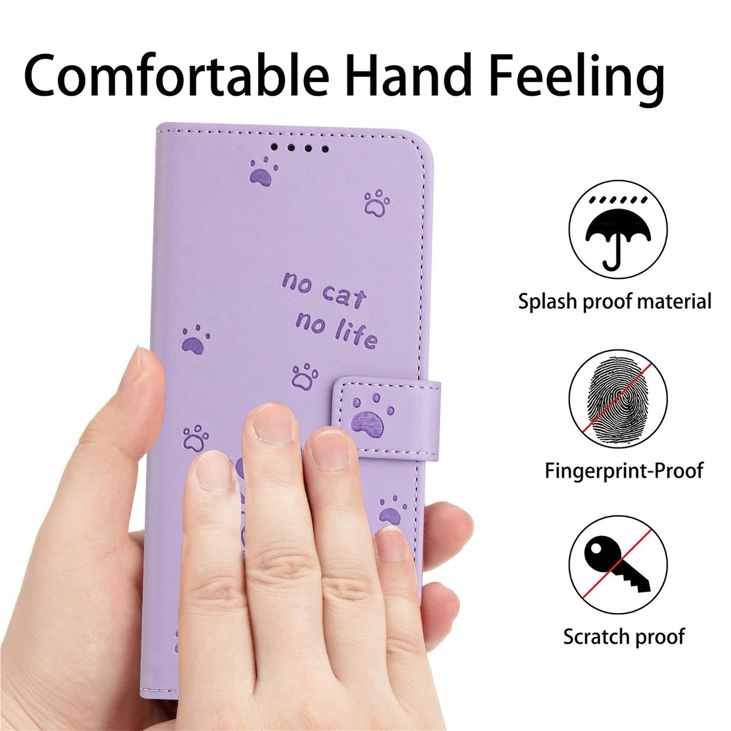 For iPhone 16e Embossed Kitten Phone Leather Case with Lanyard(Purple)