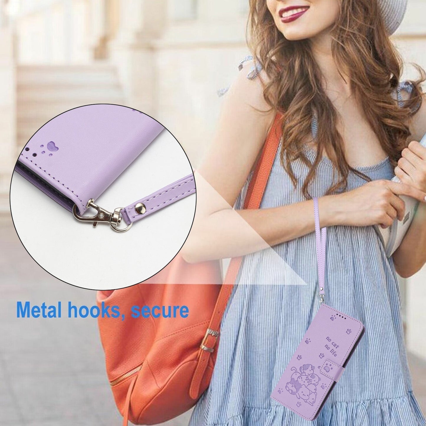 For iPhone 16e Embossed Kitten Phone Leather Case with Lanyard(Purple)