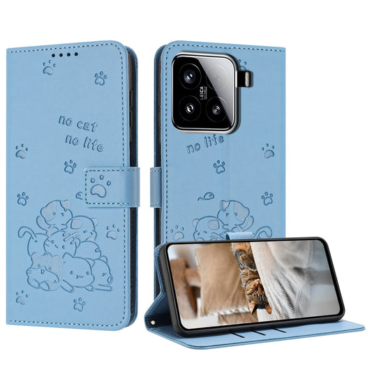 For Xiaomi 15 Embossed Kitten Phone Leather Case with Lanyard(Blue)
