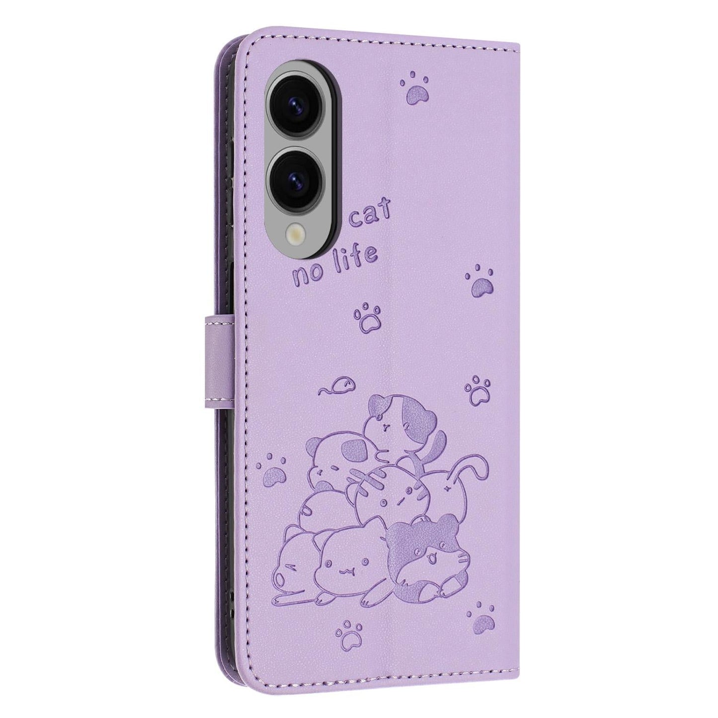 For Samsung Galaxy S25 Edge 5G Embossed Kitten Phone Leather Case with Lanyard(Purple)