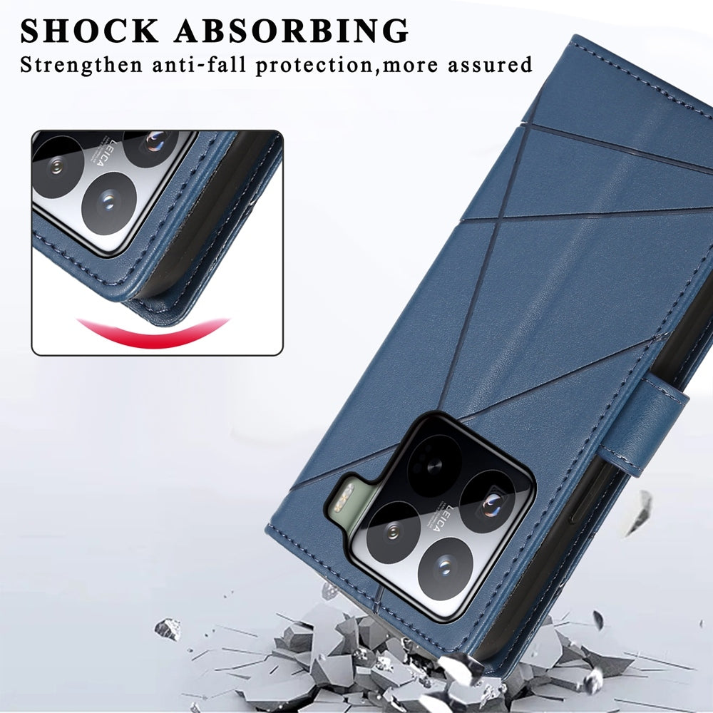For Xiaomi 15 Pro PU Genuine Leather Texture Embossed Line Phone Case(Blue)