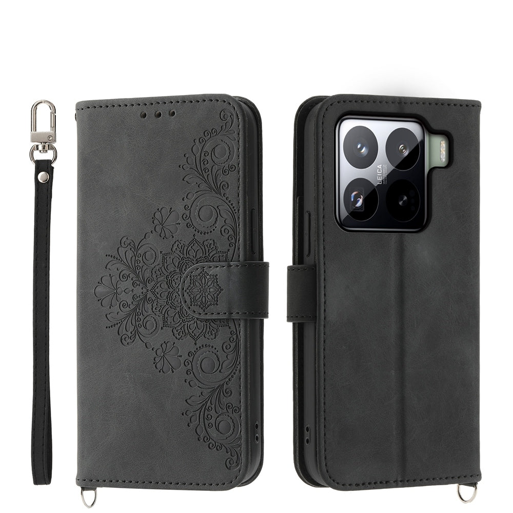 For Xiaomi 15 Skin Feel Flowers Embossed Wallet Leather Phone Case(Black)