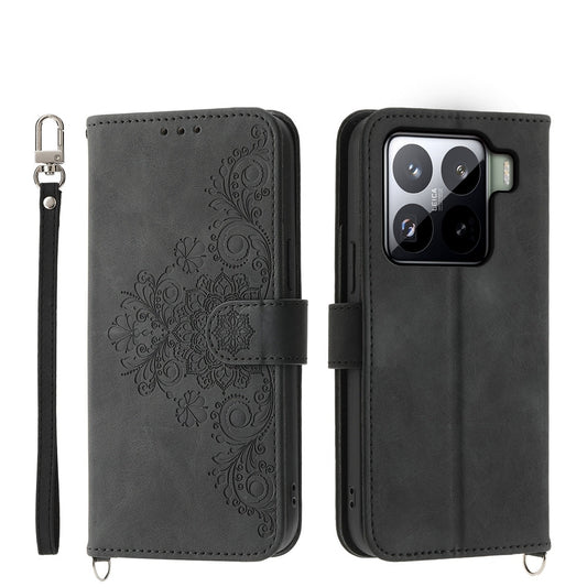 For Xiaomi 15 Skin Feel Flowers Embossed Wallet Leather Phone Case(Black)