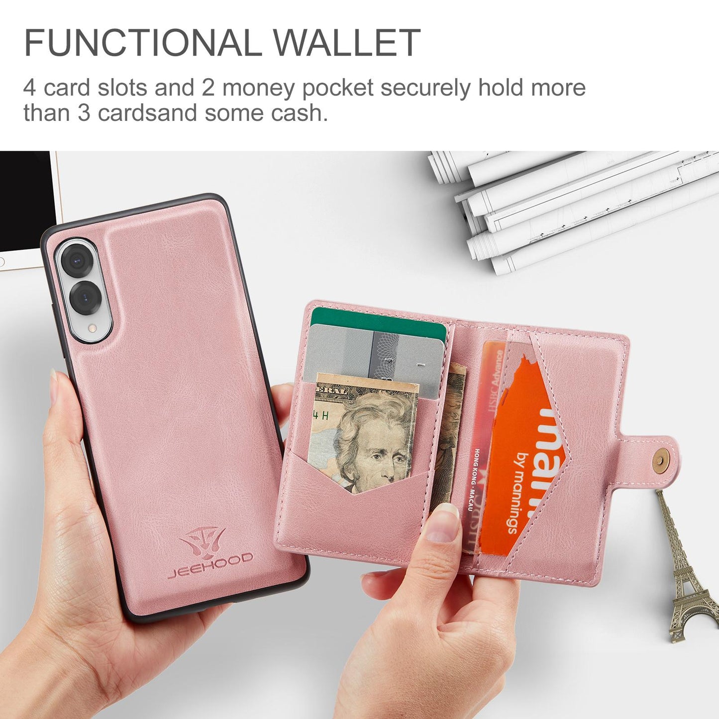 For Samsung Galaxy S25 Edge 5G JEEHOOD J01 Retro Magnetic Detachable Wallet Phone Case(Pink)