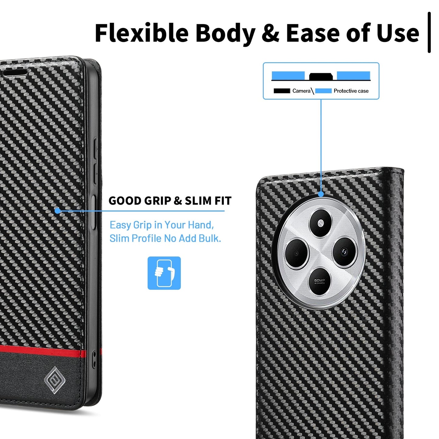 For Redmi 14C 4G LC.IMEEKE Carbon Fiber Texture Flip Leather Phone Case(Horizontal Black)