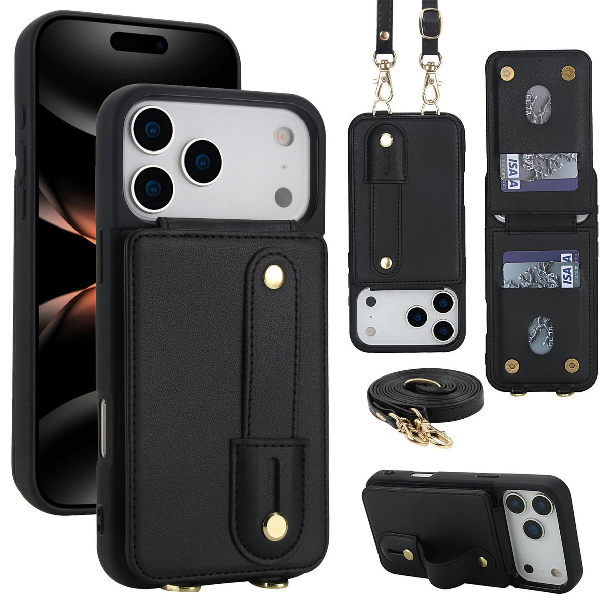 Compatible with iPhone 18 Pro Max & 17 Pro Max Wristband Vertical Flip Wallet Back Cover Phone Case with Long Lanyard - Black