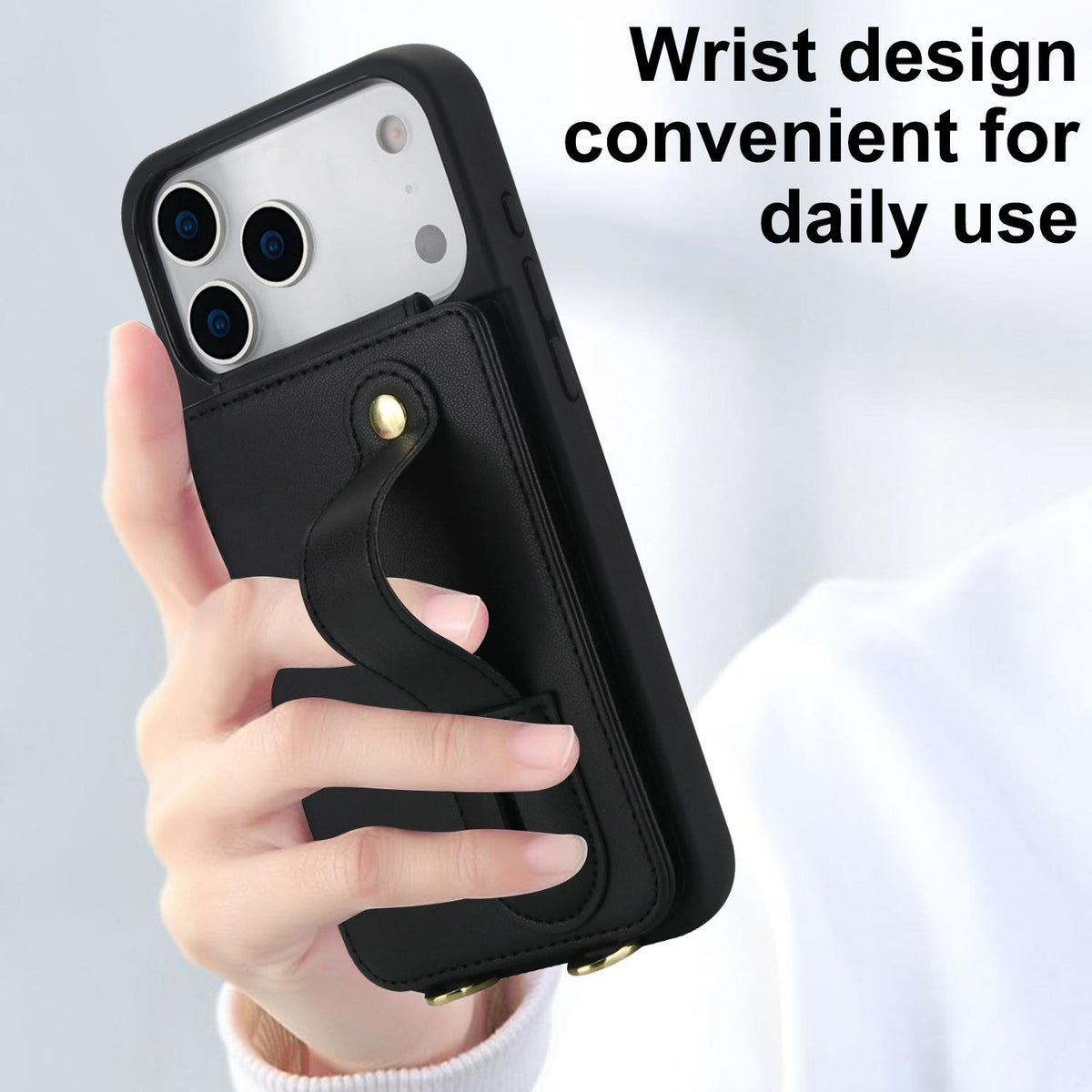 Compatible with iPhone 18 Pro Max & 17 Pro Max Wristband Vertical Flip Wallet Back Cover Phone Case with Long Lanyard - Black