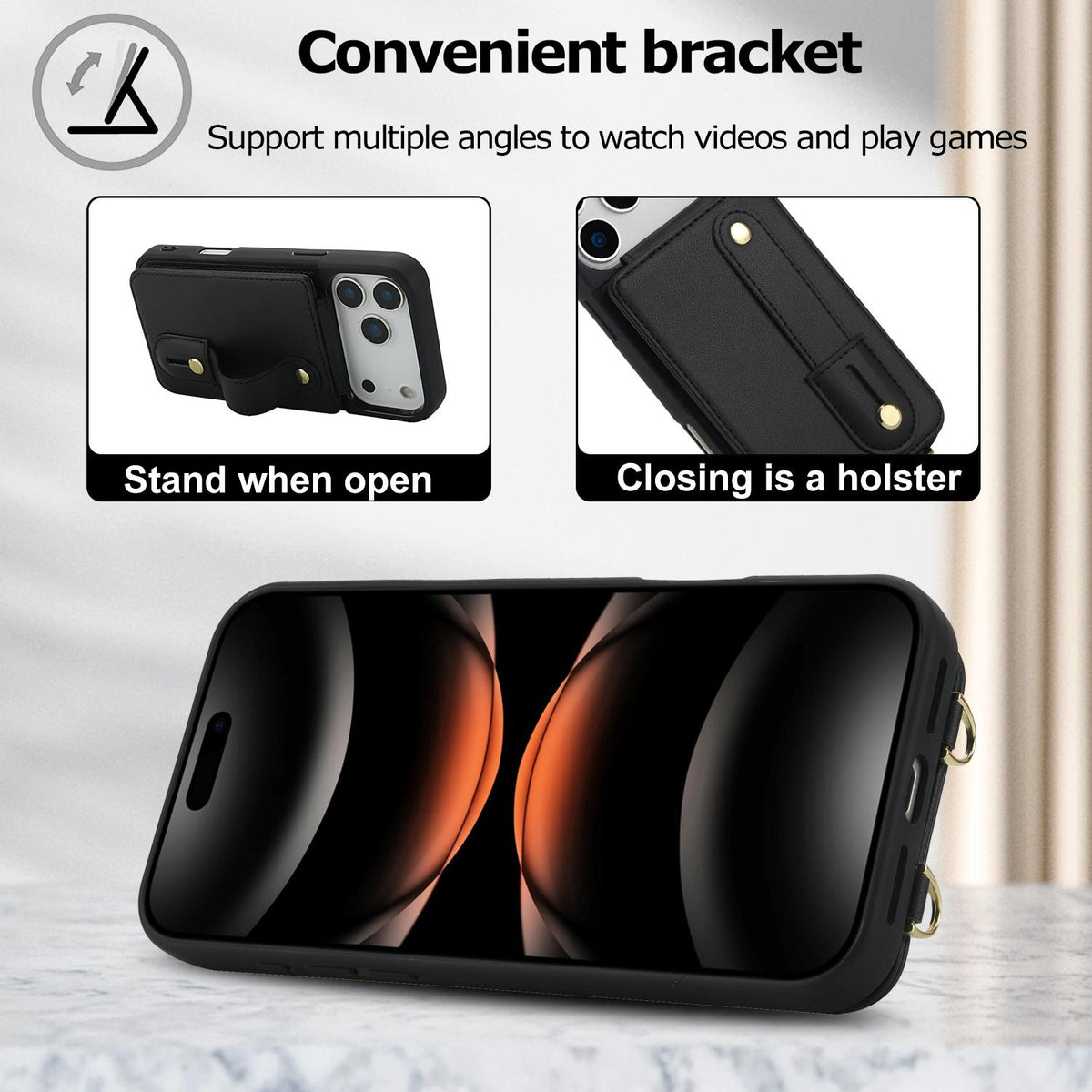 Compatible with iPhone 18 Pro Max & 17 Pro Max Wristband Vertical Flip Wallet Back Cover Phone Case with Long Lanyard - Black