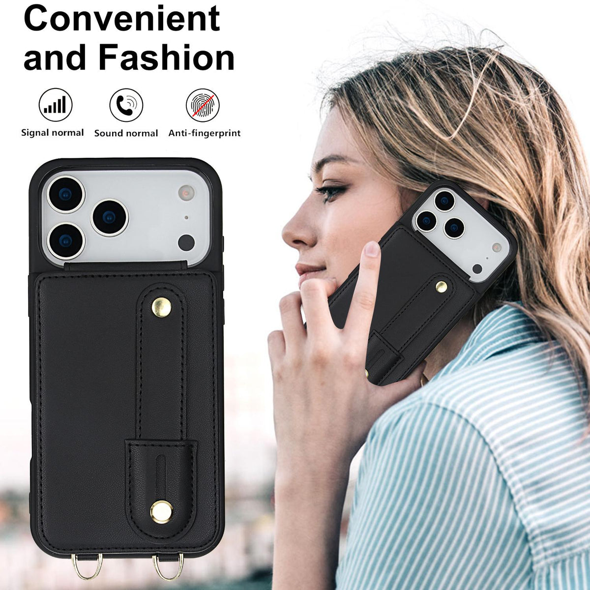 Compatible with iPhone 18 Pro Max & 17 Pro Max Wristband Vertical Flip Wallet Back Cover Phone Case with Long Lanyard - Black