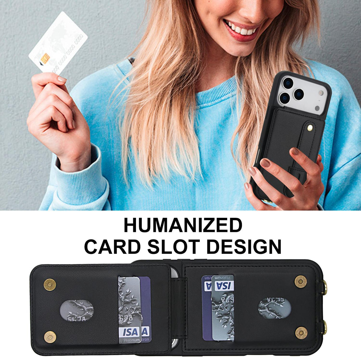 Compatible with iPhone 18 Pro Max & 17 Pro Max Wristband Vertical Flip Wallet Back Cover Phone Case with Long Lanyard - Black