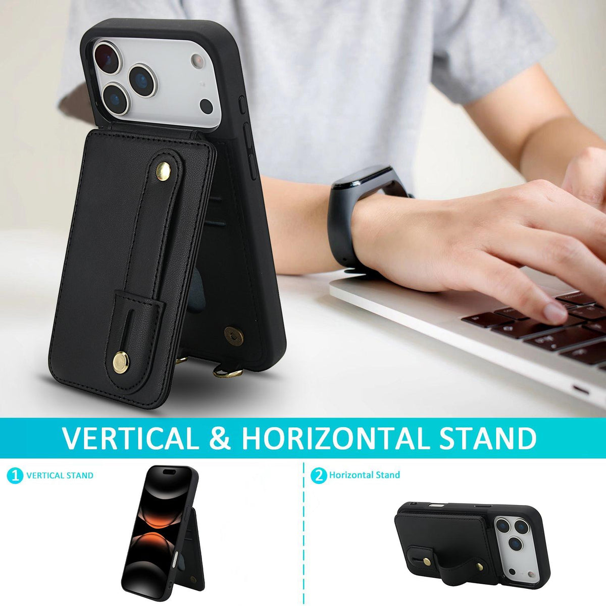 Compatible with iPhone 18 Pro Max & 17 Pro Max Wristband Vertical Flip Wallet Back Cover Phone Case with Long Lanyard - Black