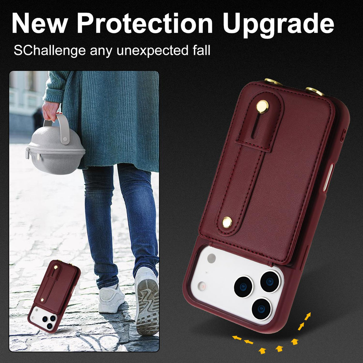 Compatible with iPhone 18 Pro Max & 17 Pro Max Wristband Vertical Flip Wallet Back Cover Phone Case with Long Lanyard - Wine Red