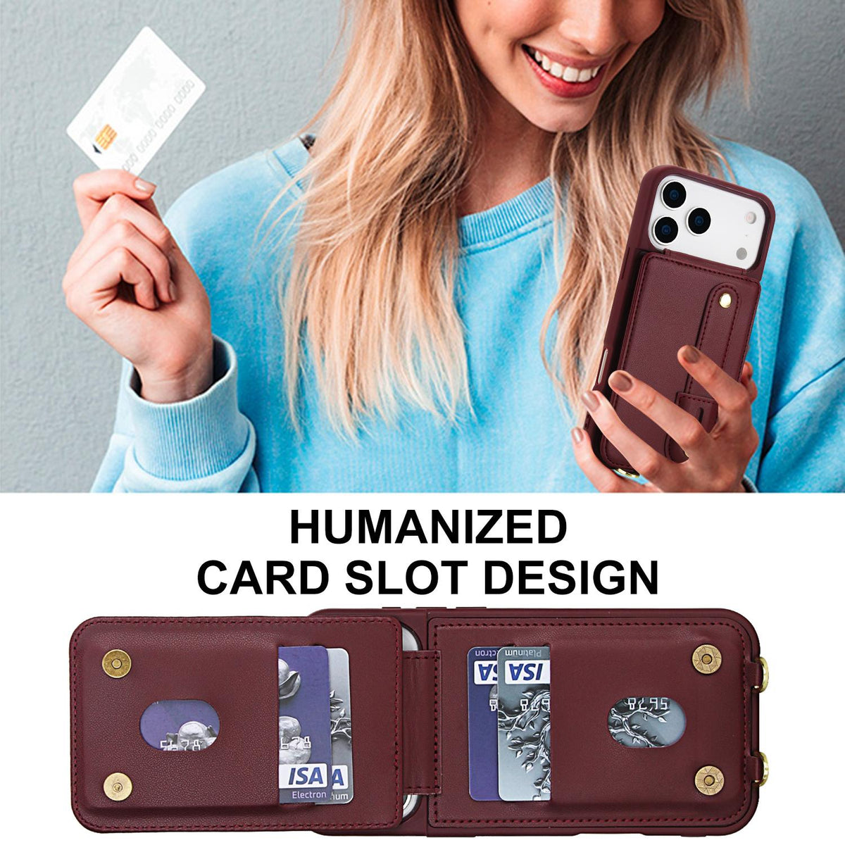 Compatible with iPhone 18 Pro Max & 17 Pro Max Wristband Vertical Flip Wallet Back Cover Phone Case with Long Lanyard - Wine Red