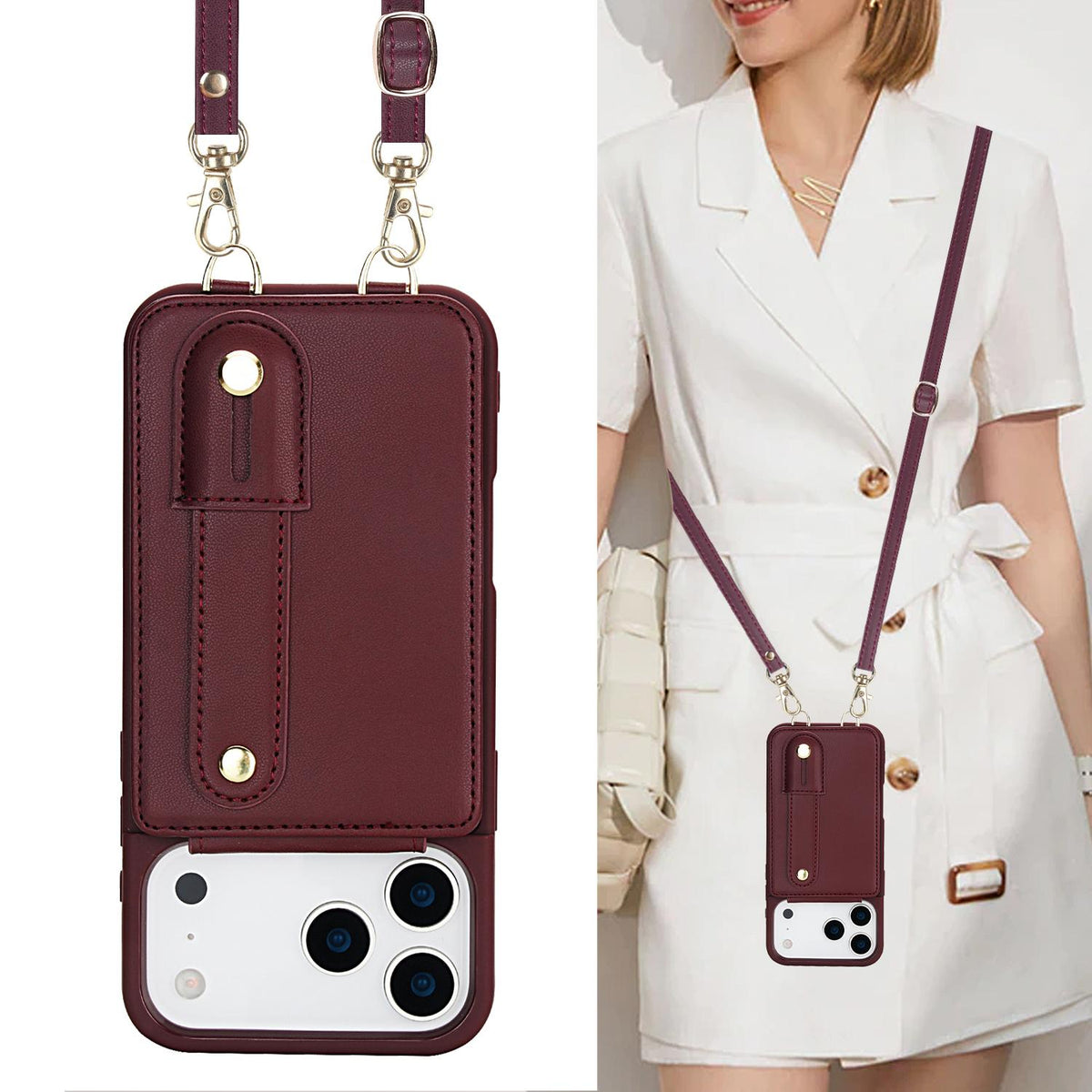 Compatible with iPhone 18 Pro Max & 17 Pro Max Wristband Vertical Flip Wallet Back Cover Phone Case with Long Lanyard - Wine Red