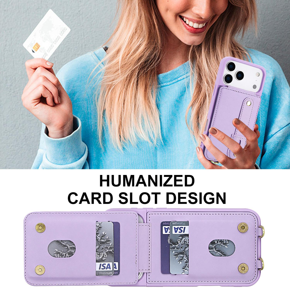 Compatible with iPhone 18 Pro Max & 17 Pro Max Wristband Vertical Flip Wallet Back Cover Phone Case with Long Lanyard - Purple