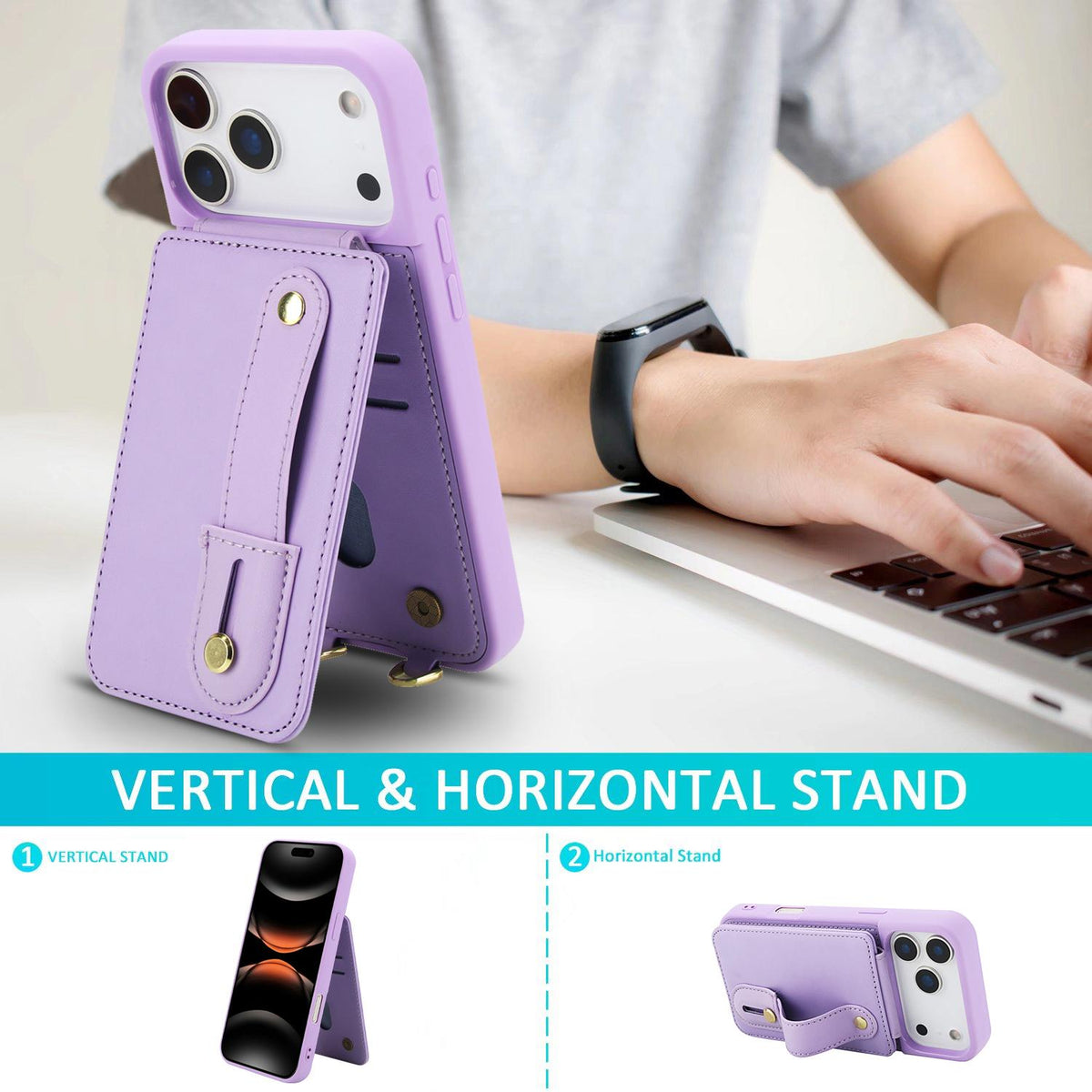 Compatible with iPhone 18 Pro Max & 17 Pro Max Wristband Vertical Flip Wallet Back Cover Phone Case with Long Lanyard - Purple