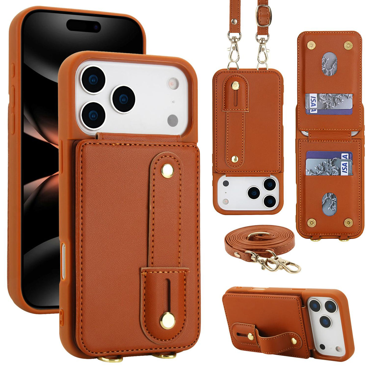 Compatible with iPhone 18 Pro Max & 17 Pro Max Wristband Vertical Flip Wallet Back Cover Phone Case with Long Lanyard - Brown